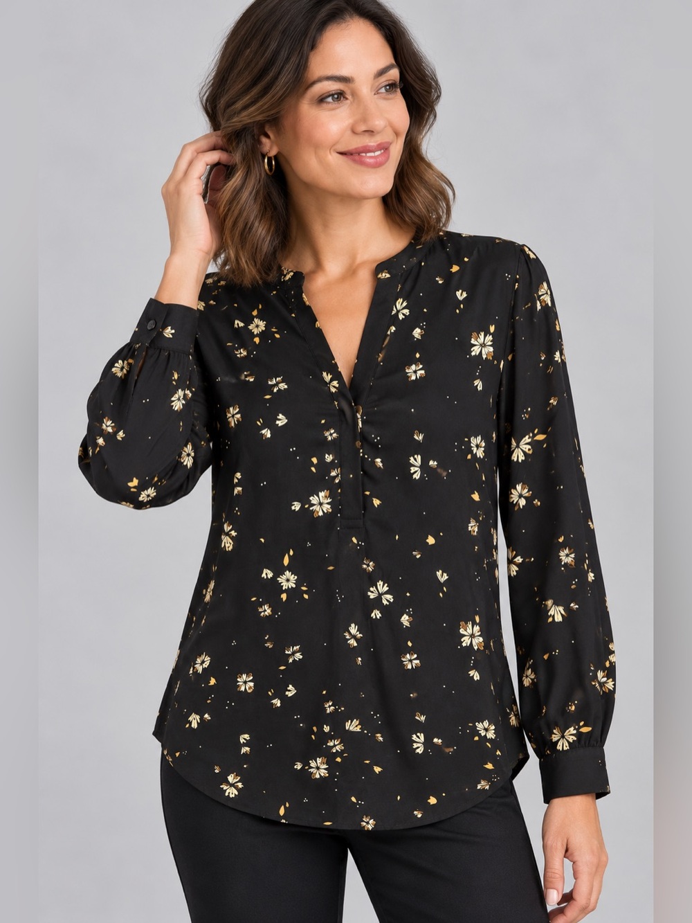 Hilary Radley Black Floral Split Neck Long Sleeve Blouse Size M